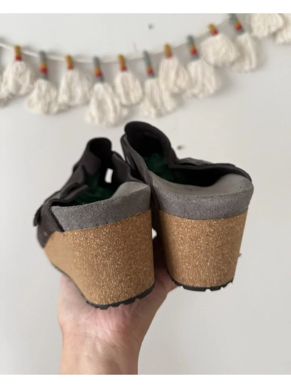 Birkenstock Papillio Fanny Suede Leather Wedge Charcoal Black Buckle Slip On 41